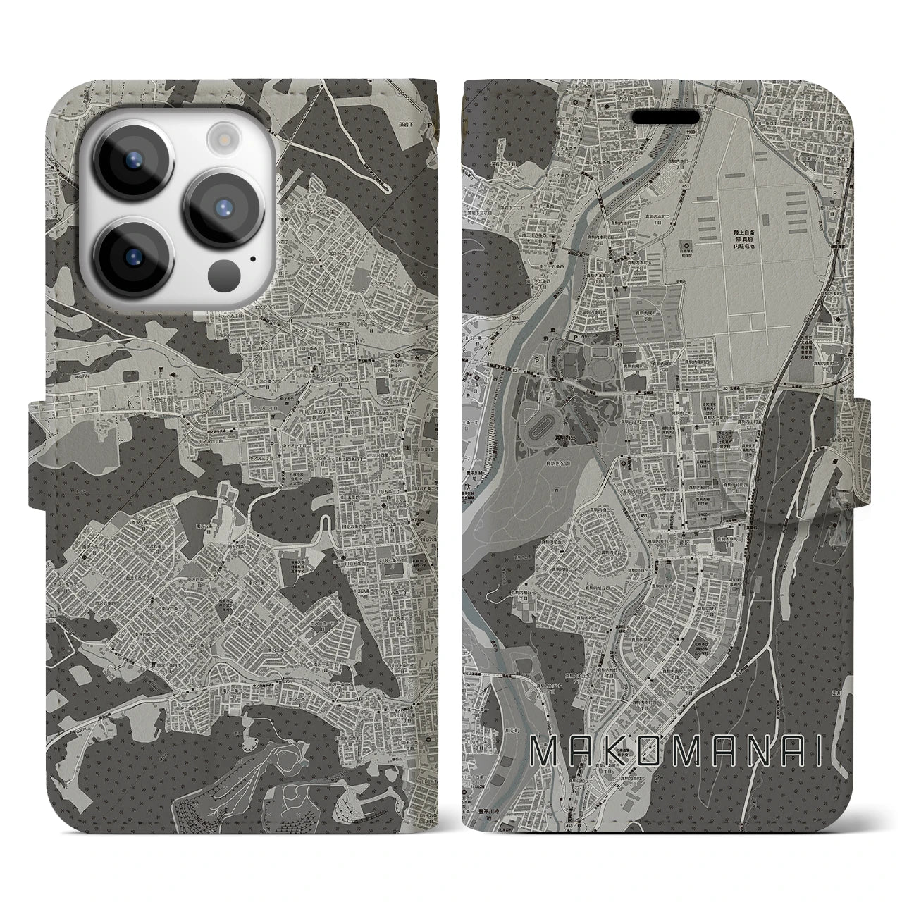 【真駒内(北海道)】地図柄iPhoneケース(手帳タイプ)モノトーン・iPhone 14 Pro 用