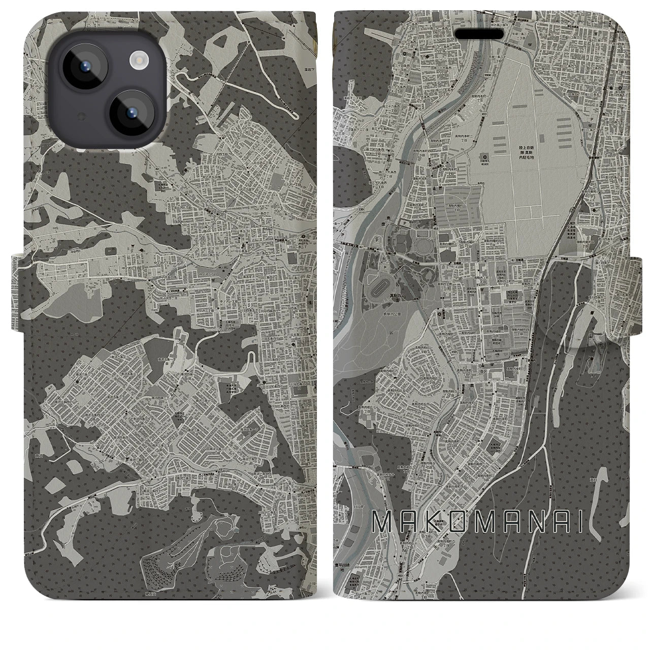 【真駒内(北海道)】地図柄iPhoneケース(手帳タイプ)モノトーン・iPhone 14 Plus 用