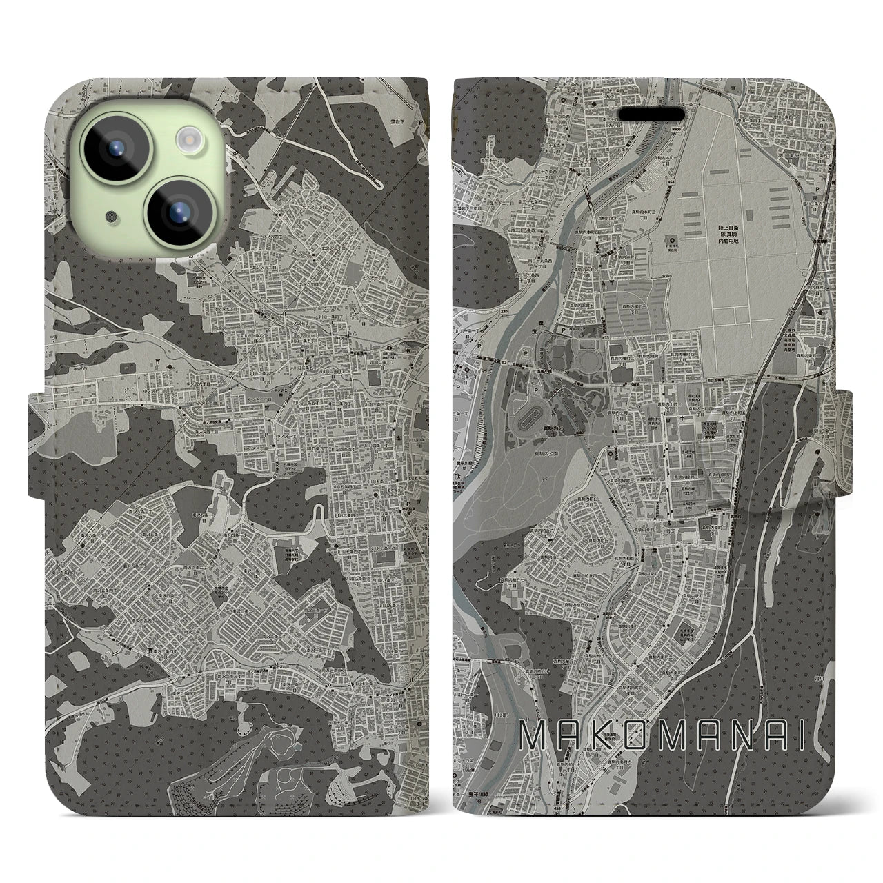 【真駒内(北海道)】地図柄iPhoneケース(手帳タイプ)モノトーン・iPhone 15 用