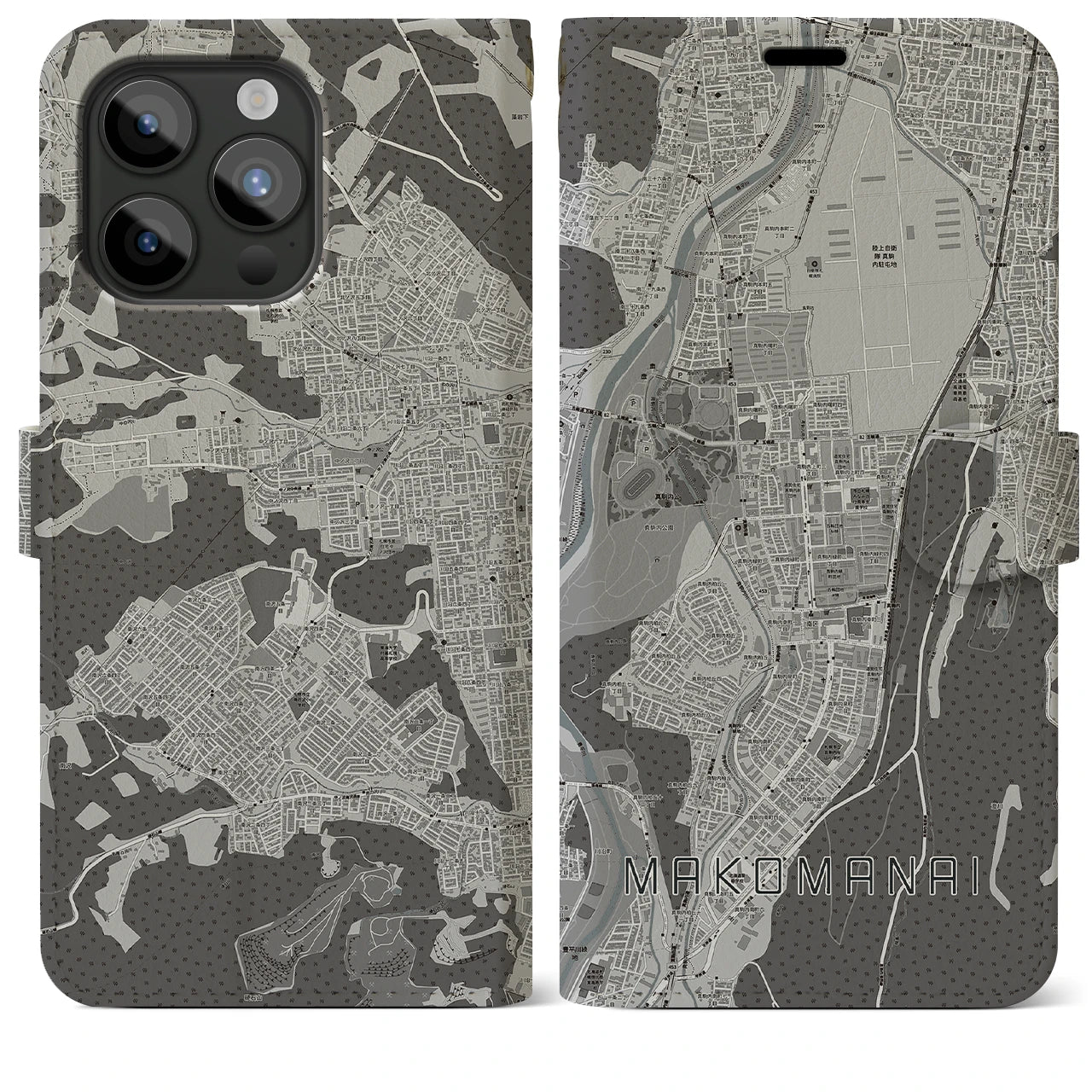 【真駒内(北海道)】地図柄iPhoneケース(手帳タイプ)モノトーン・iPhone 15 Pro Max 用