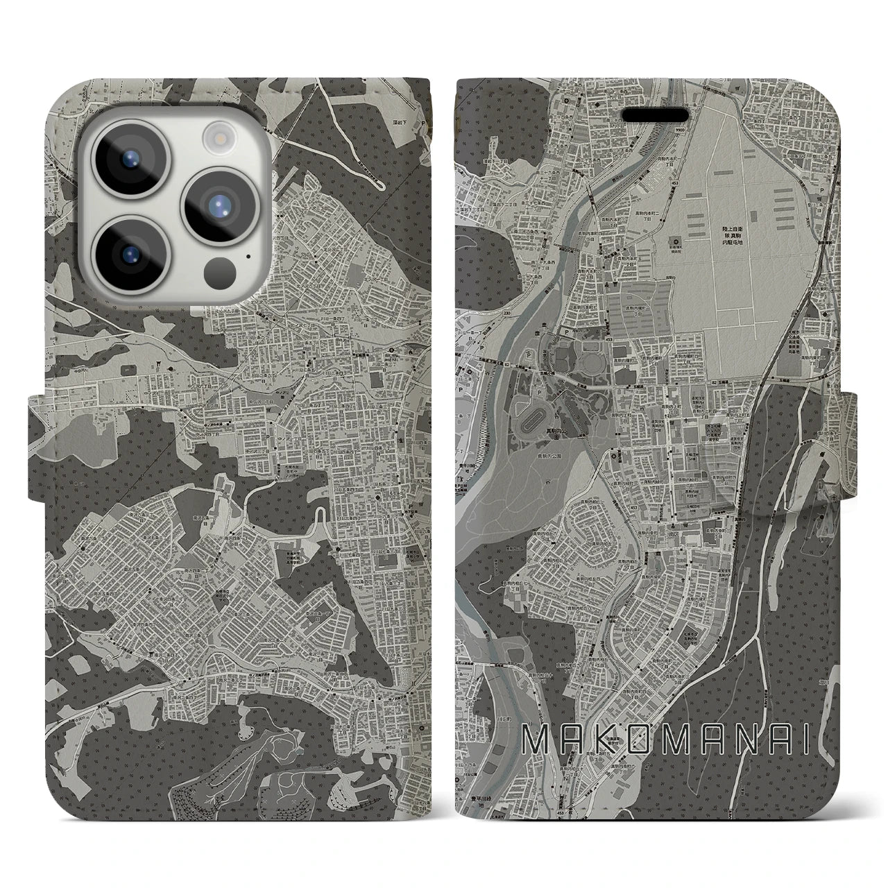 【真駒内(北海道)】地図柄iPhoneケース(手帳タイプ)モノトーン・iPhone 15 Pro 用