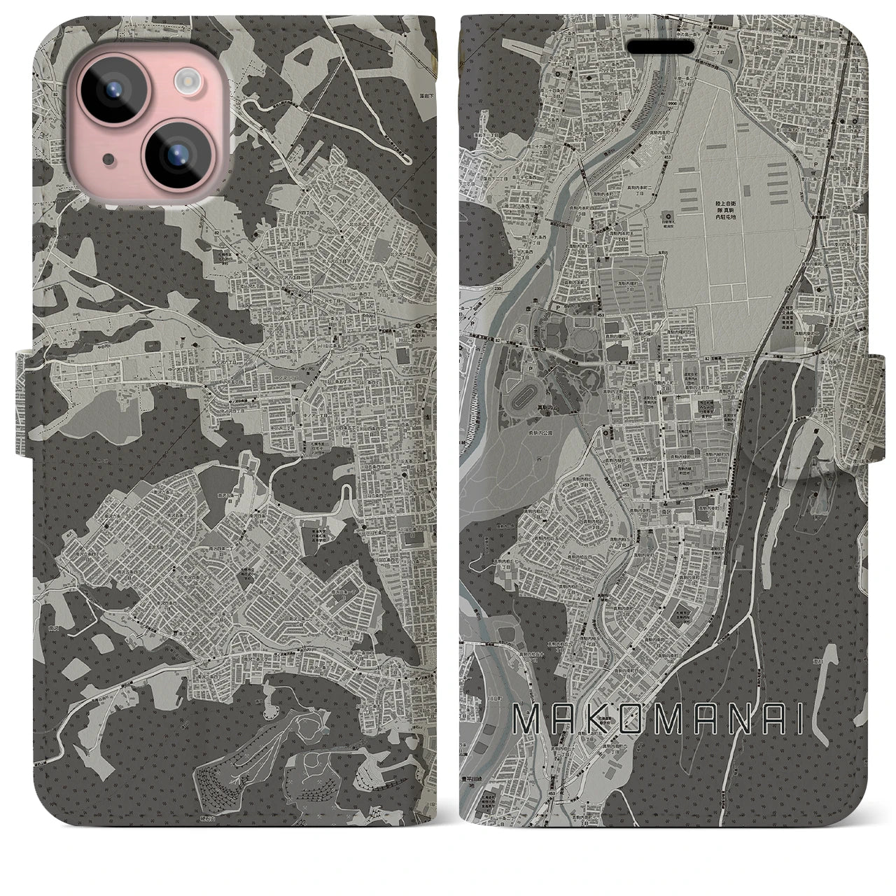 【真駒内(北海道)】地図柄iPhoneケース(手帳タイプ)モノトーン・iPhone 15 Plus 用