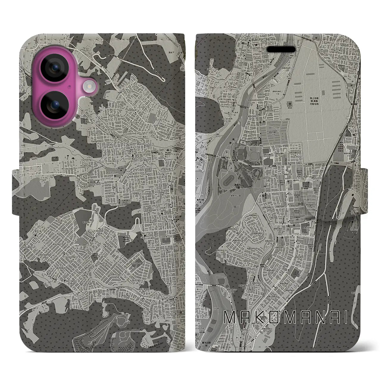 【真駒内(北海道)】地図柄iPhoneケース(手帳タイプ)モノトーン・iPhone 16 Pro 用