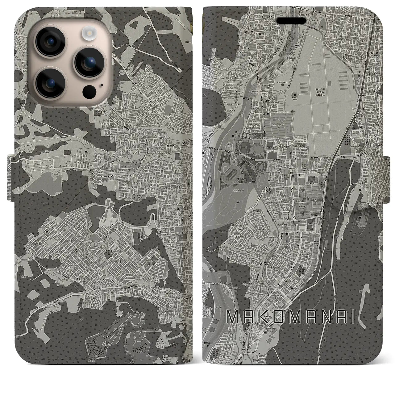 【真駒内(北海道)】地図柄iPhoneケース(手帳タイプ)モノトーン・iPhone 16 Plus 用