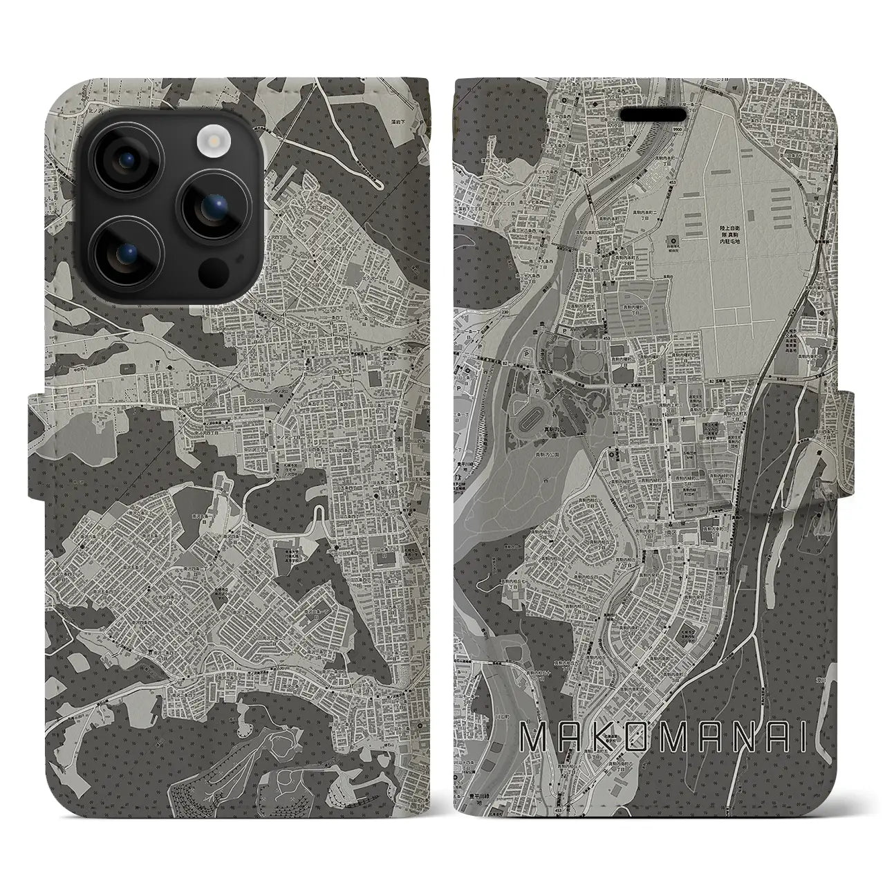 【真駒内(北海道)】地図柄iPhoneケース(手帳タイプ)モノトーン・iPhone 16 用