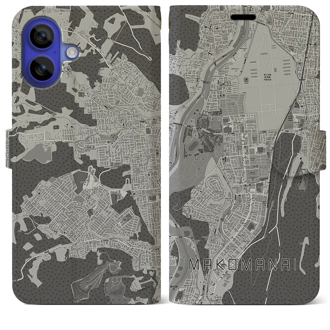 【真駒内(北海道)】地図柄iPhoneケース(手帳タイプ)モノトーン・iPhone 16 Pro Max 用