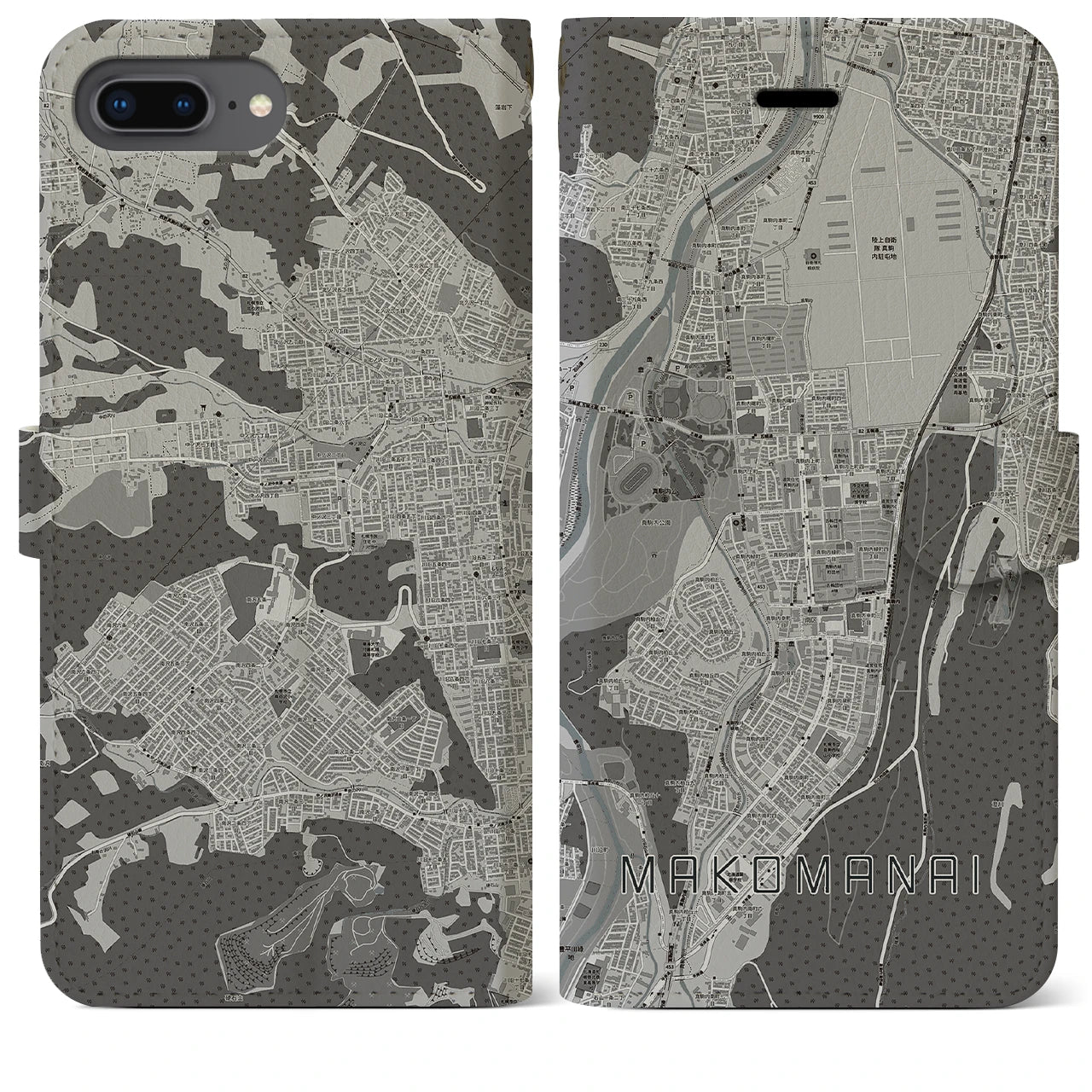 【真駒内(北海道)】地図柄iPhoneケース(手帳タイプ)モノトーン・iPhone 8Plus /7Plus / 6sPlus / 6Plus 用