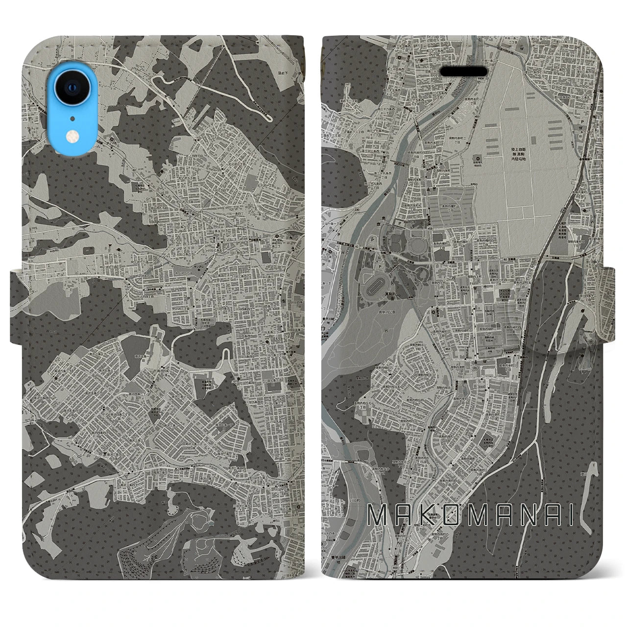 【真駒内(北海道)】地図柄iPhoneケース(手帳タイプ)モノトーン・iPhone XR 用