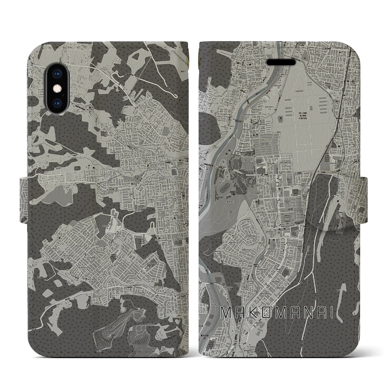 【真駒内(北海道)】地図柄iPhoneケース(手帳タイプ)モノトーン・iPhone XS / X 用