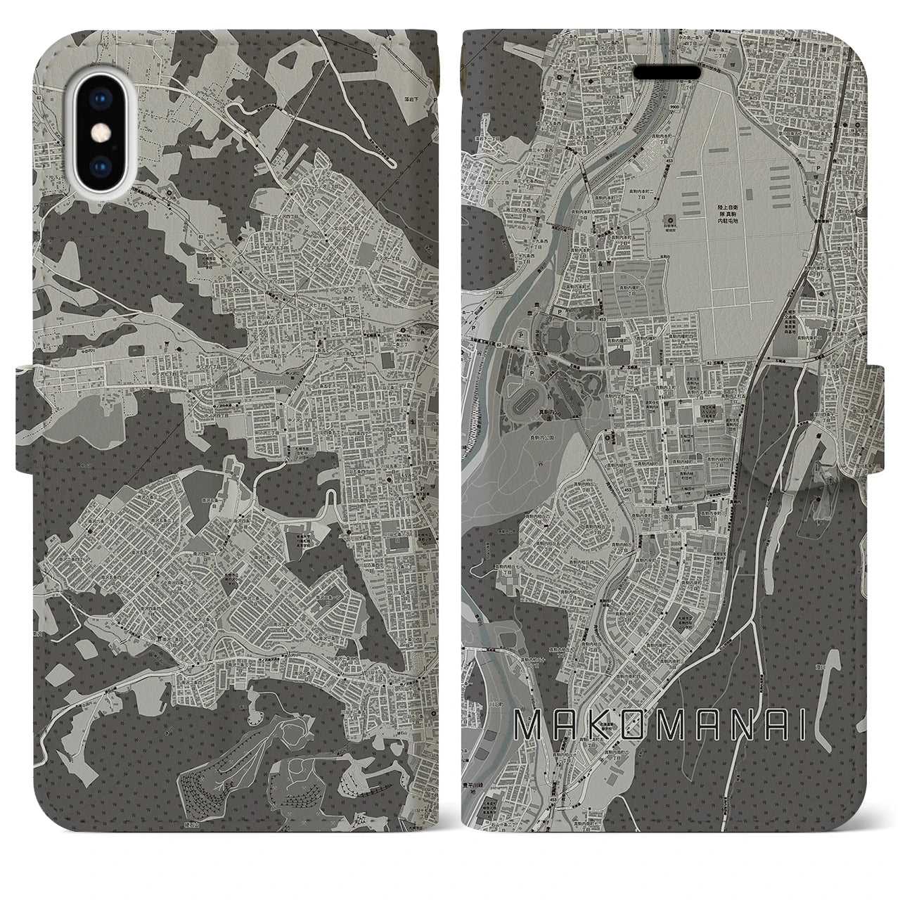 【真駒内(北海道)】地図柄iPhoneケース(手帳タイプ)モノトーン・iPhone XS Max 用