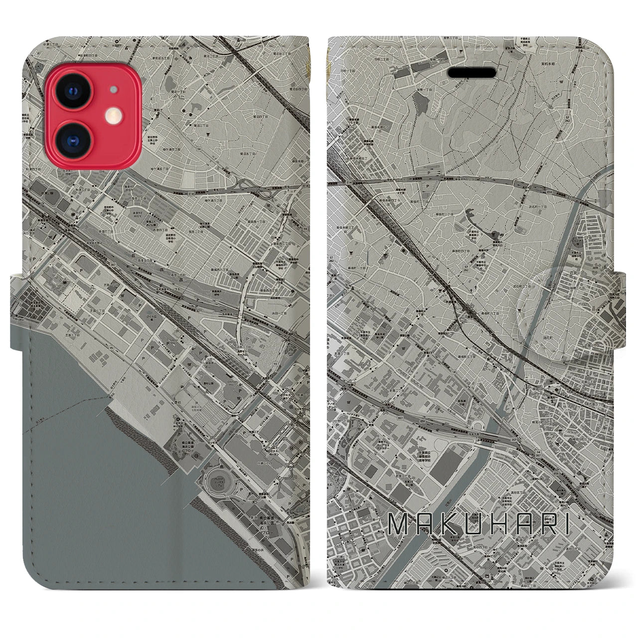 【幕張(千葉県)】地図柄iPhoneケース(手帳タイプ)モノトーン・iPhone 11 用