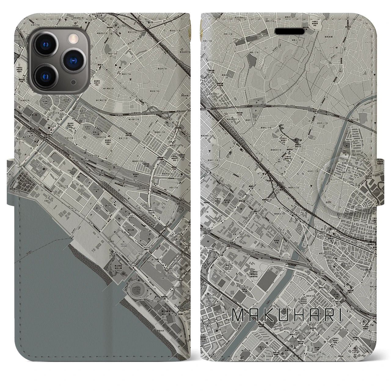 【幕張(千葉県)】地図柄iPhoneケース(手帳タイプ)モノトーン・iPhone 11 Pro Max 用