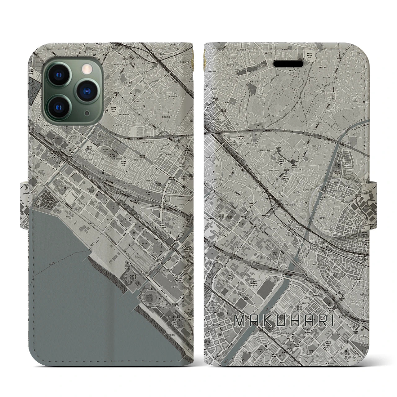 【幕張(千葉県)】地図柄iPhoneケース(手帳タイプ)モノトーン・iPhone 11 Pro 用