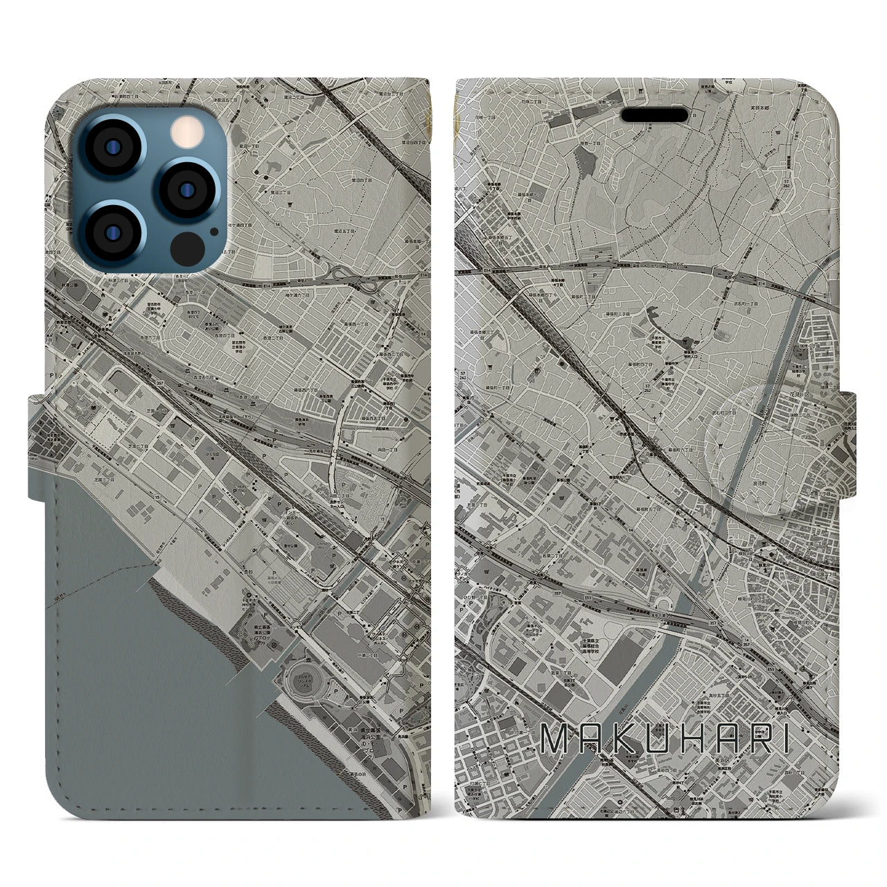 【幕張(千葉県)】地図柄iPhoneケース(手帳タイプ)モノトーン・iPhone 12 / 12 Pro 用