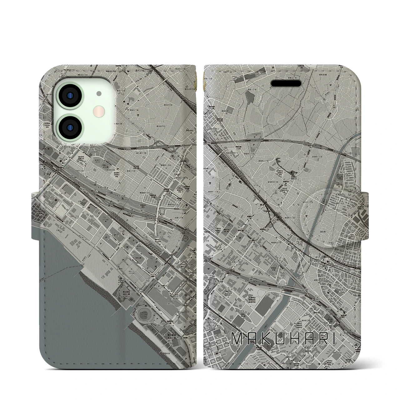 【幕張(千葉県)】地図柄iPhoneケース(手帳タイプ)モノトーン・iPhone 12 mini 用