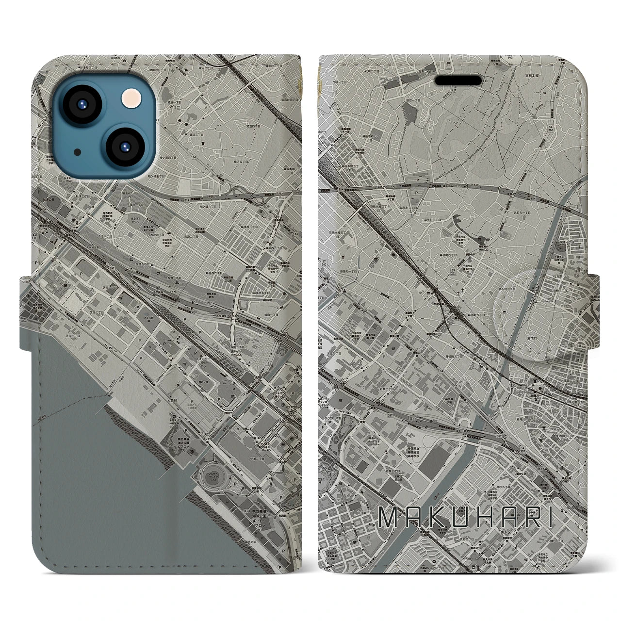 【幕張(千葉県)】地図柄iPhoneケース(手帳タイプ)モノトーン・iPhone 13 用