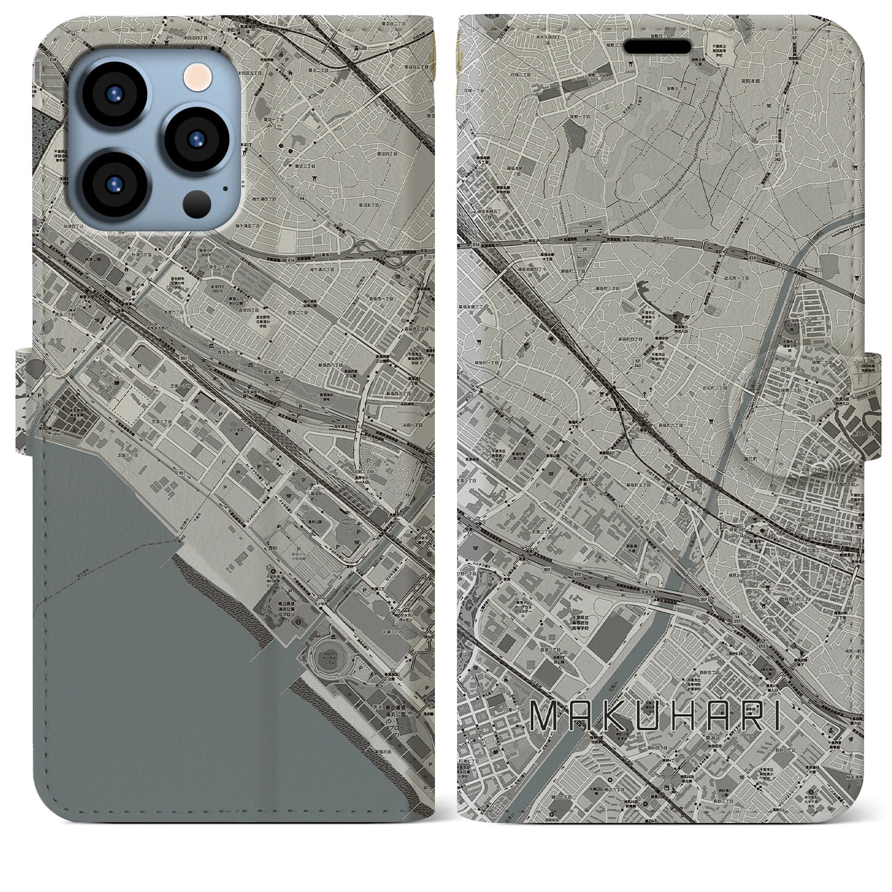 【幕張(千葉県)】地図柄iPhoneケース(手帳タイプ)モノトーン・iPhone 13 Pro Max 用
