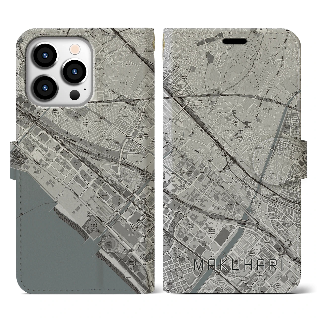 【幕張(千葉県)】地図柄iPhoneケース(手帳タイプ)モノトーン・iPhone 13 Pro 用
