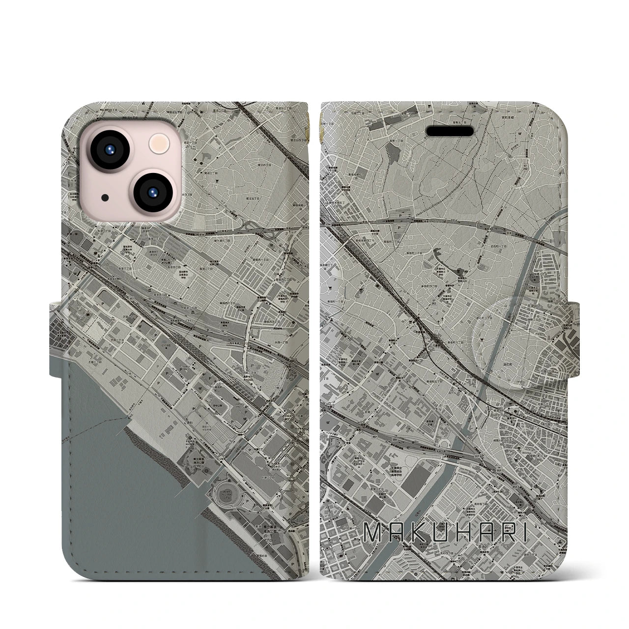 【幕張(千葉県)】地図柄iPhoneケース(手帳タイプ)モノトーン・iPhone 13 mini 用