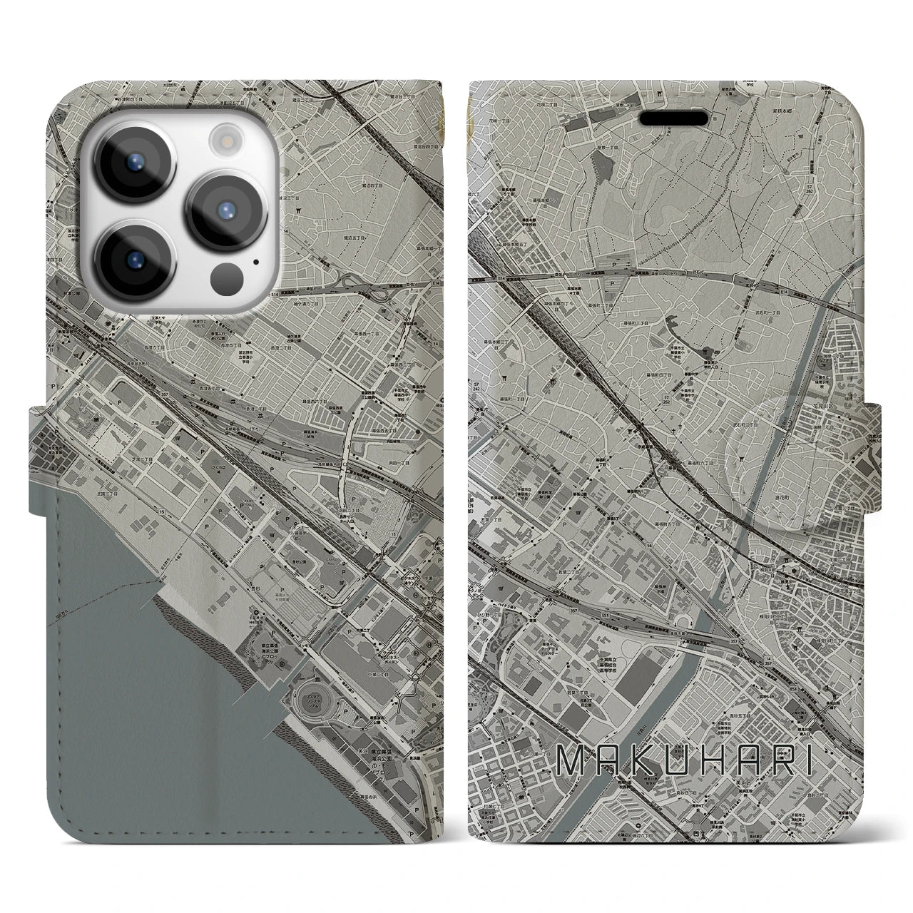 【幕張(千葉県)】地図柄iPhoneケース(手帳タイプ)モノトーン・iPhone 14 Pro 用