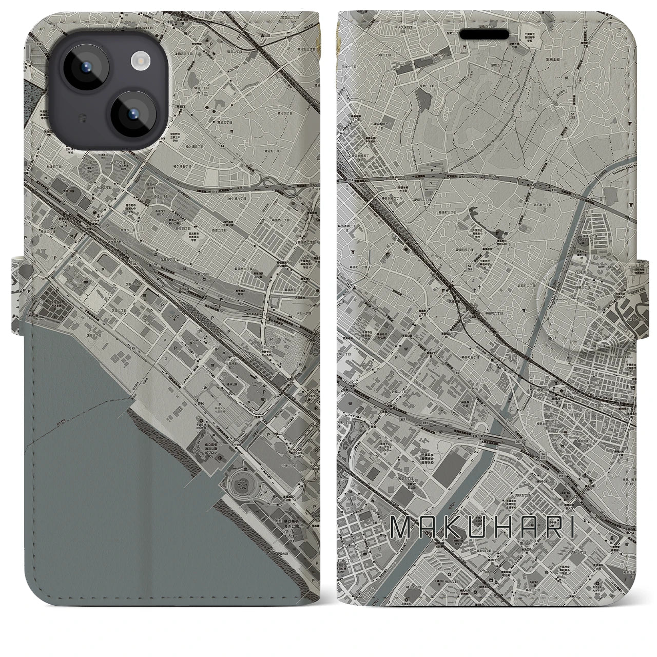 【幕張(千葉県)】地図柄iPhoneケース(手帳タイプ)モノトーン・iPhone 14 Plus 用