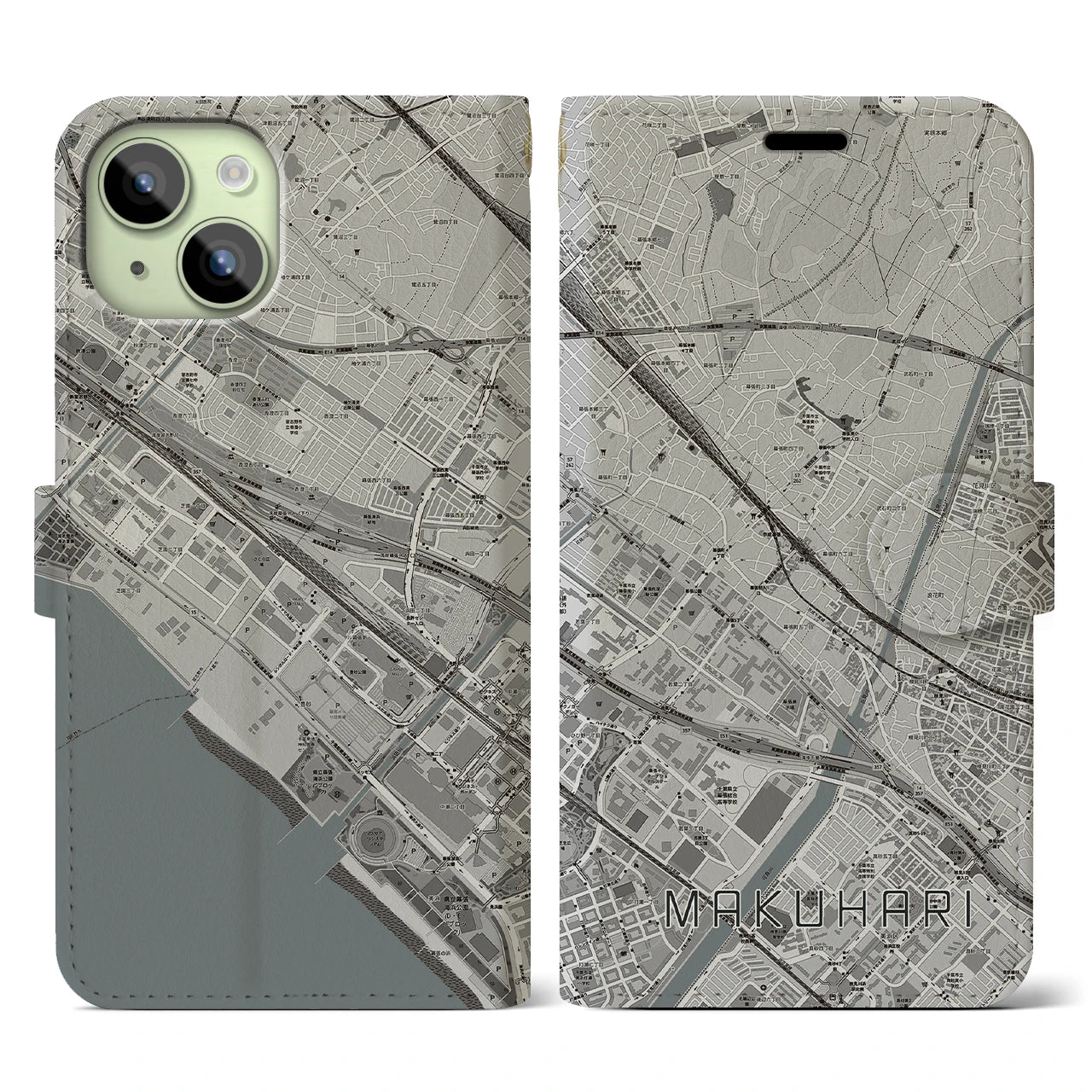 【幕張(千葉県)】地図柄iPhoneケース(手帳タイプ)モノトーン・iPhone 15 用
