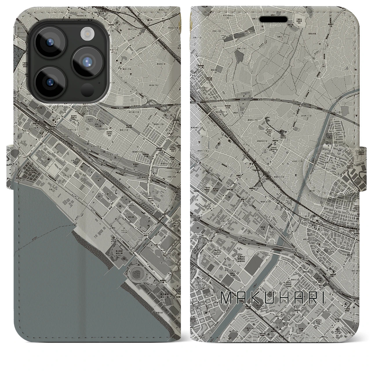 【幕張(千葉県)】地図柄iPhoneケース(手帳タイプ)モノトーン・iPhone 15 Pro Max 用