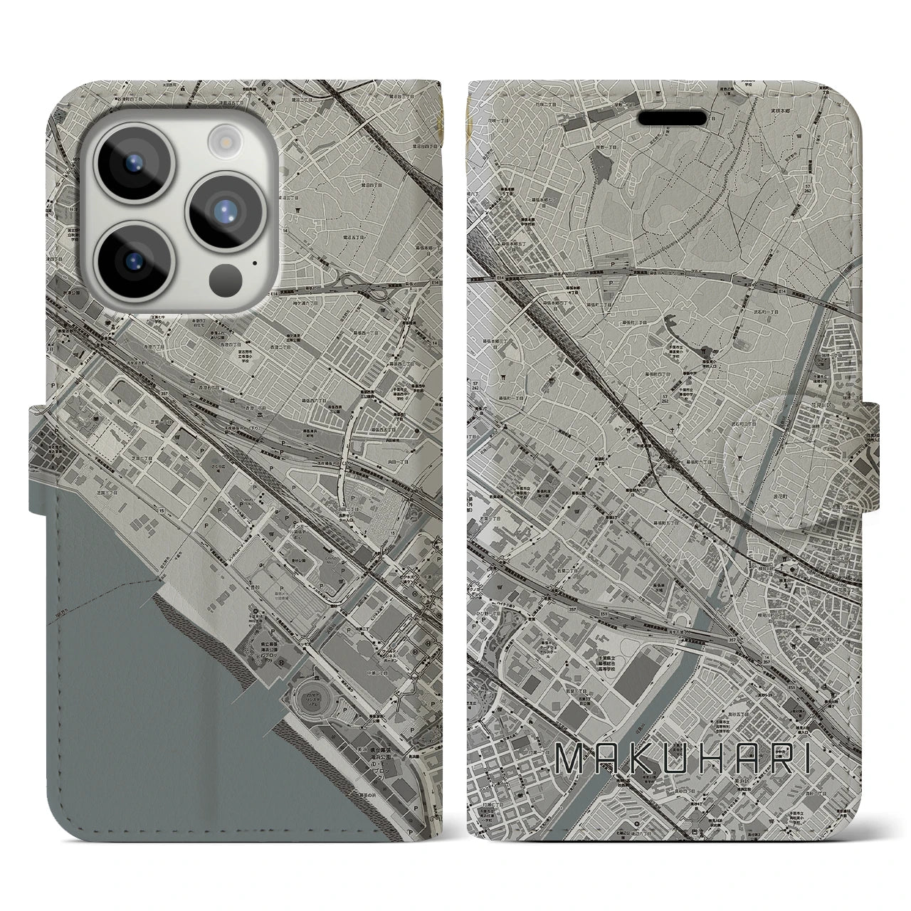 【幕張(千葉県)】地図柄iPhoneケース(手帳タイプ)モノトーン・iPhone 15 Pro 用