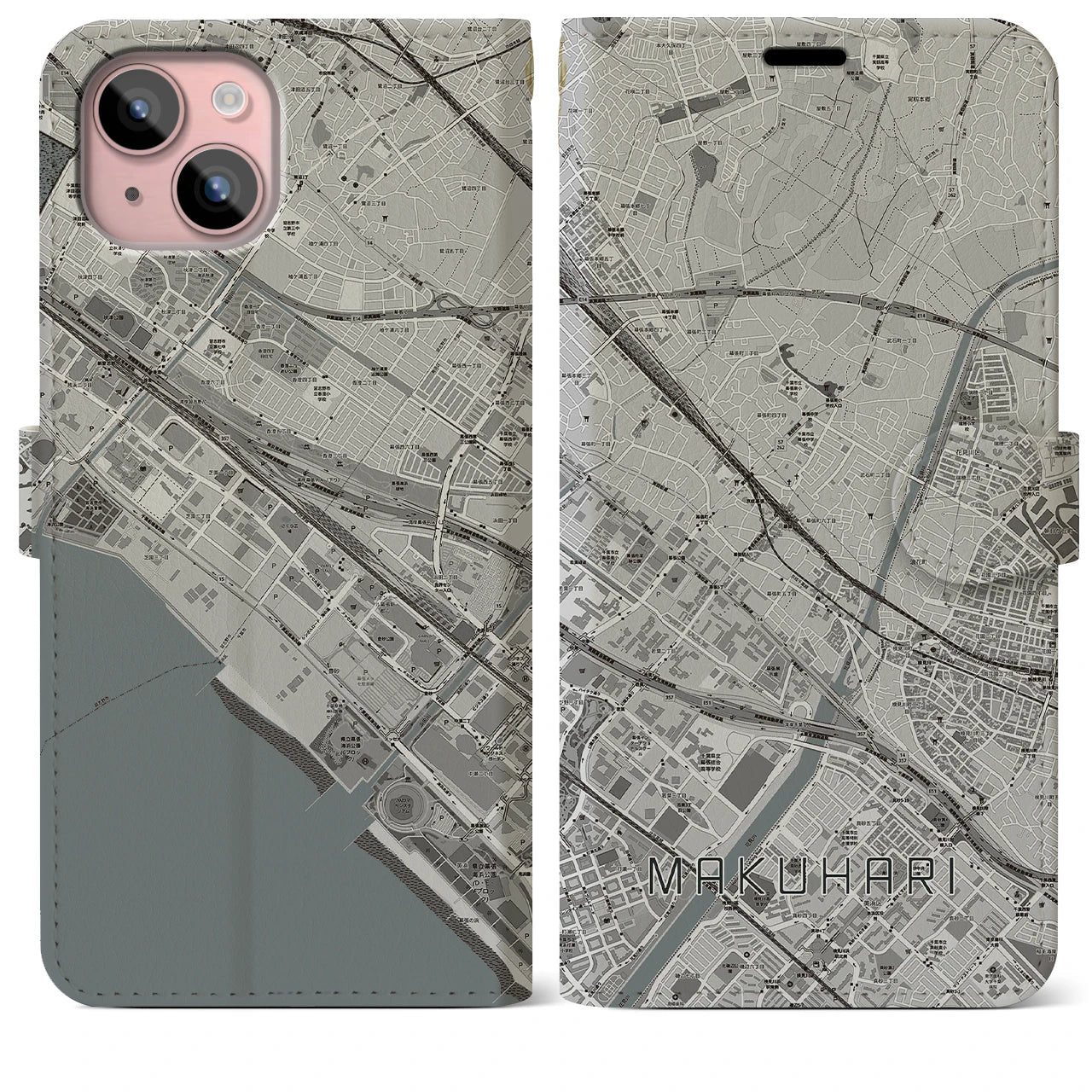 【幕張(千葉県)】地図柄iPhoneケース(手帳タイプ)モノトーン・iPhone 15 Plus 用