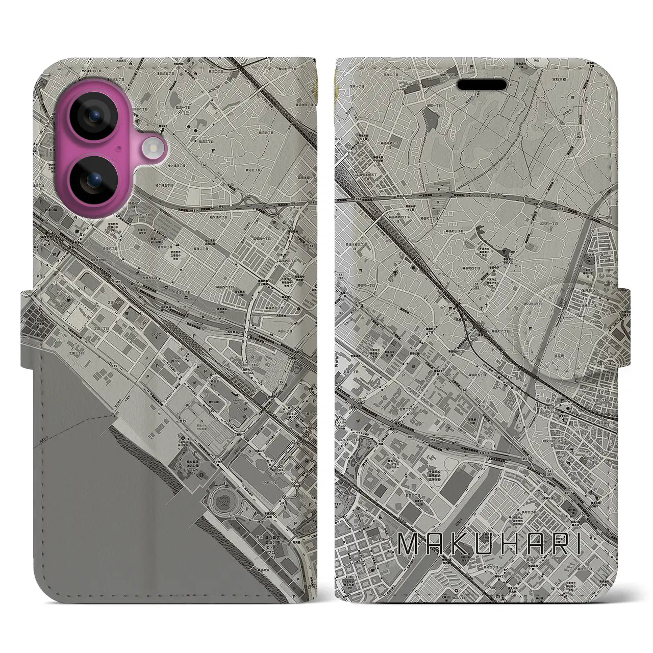 【幕張(千葉県)】地図柄iPhoneケース(手帳タイプ)モノトーン・iPhone 16 Pro 用