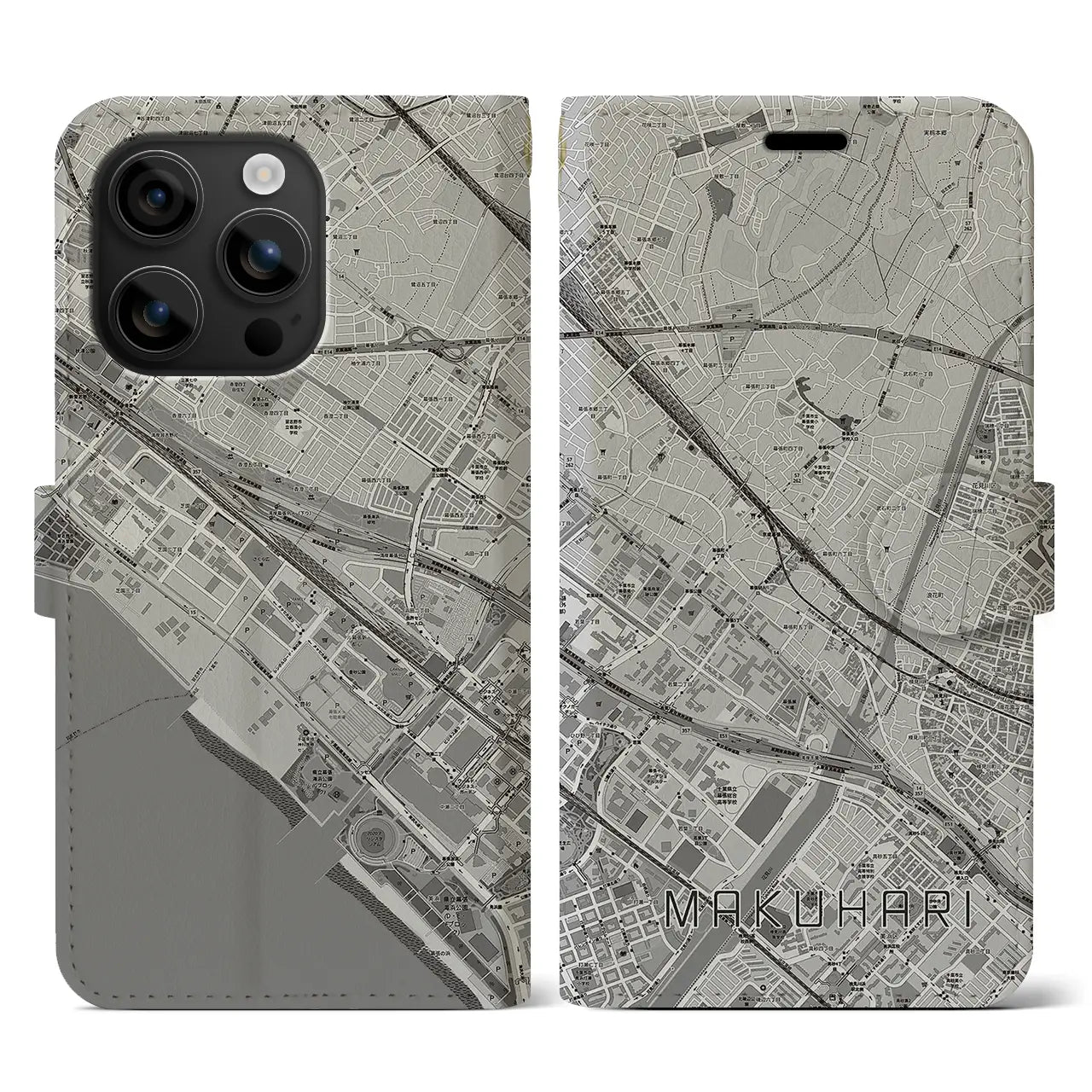 【幕張(千葉県)】地図柄iPhoneケース(手帳タイプ)モノトーン・iPhone 16 用