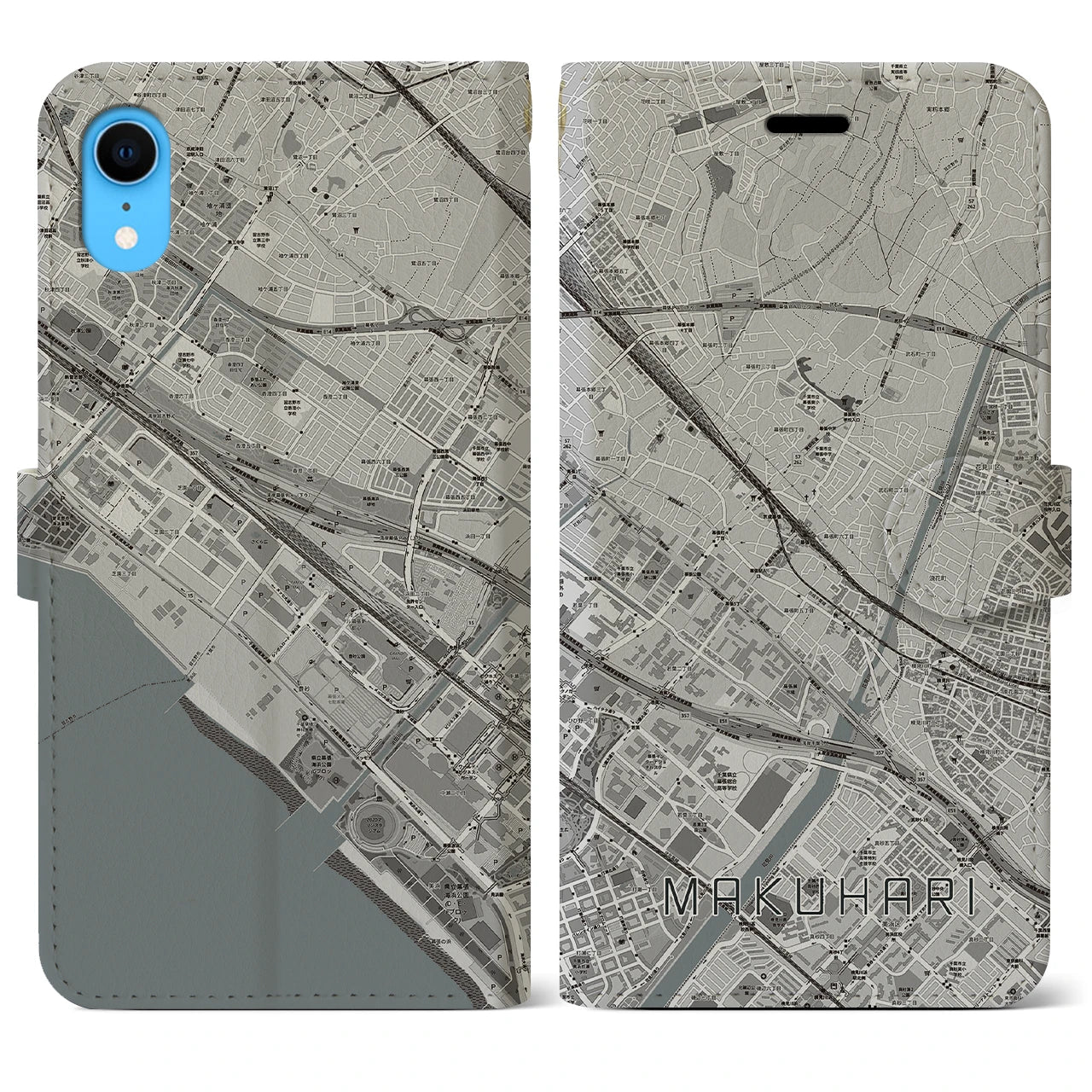 【幕張(千葉県)】地図柄iPhoneケース(手帳タイプ)モノトーン・iPhone XR 用
