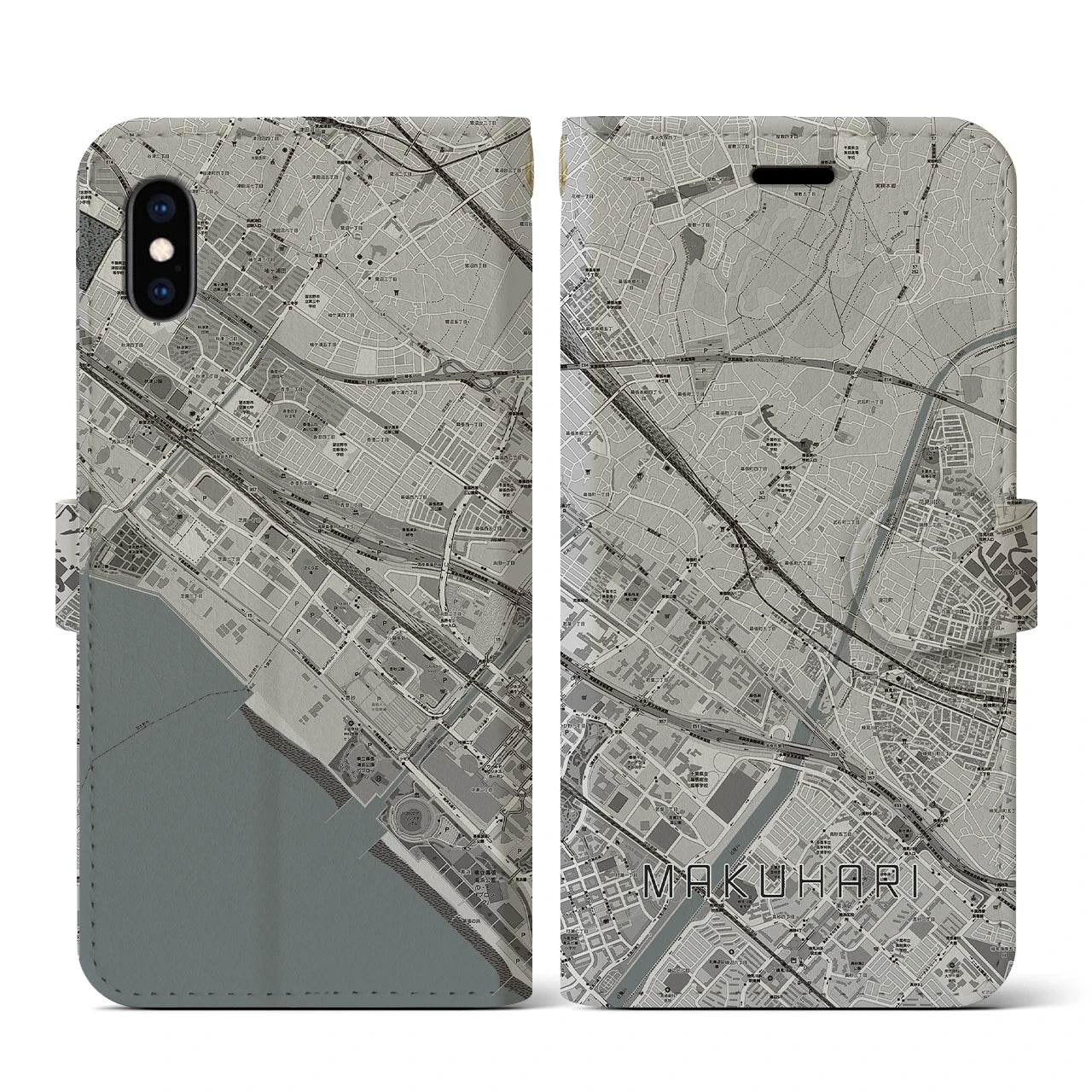 【幕張(千葉県)】地図柄iPhoneケース(手帳タイプ)モノトーン・iPhone XS / X 用