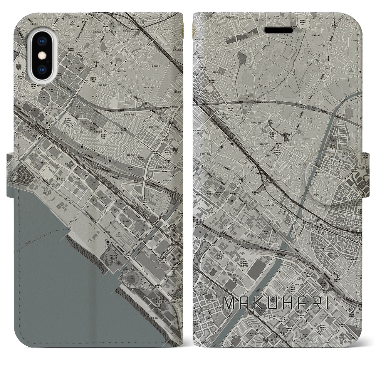 【幕張(千葉県)】地図柄iPhoneケース(手帳タイプ)モノトーン・iPhone XS Max 用