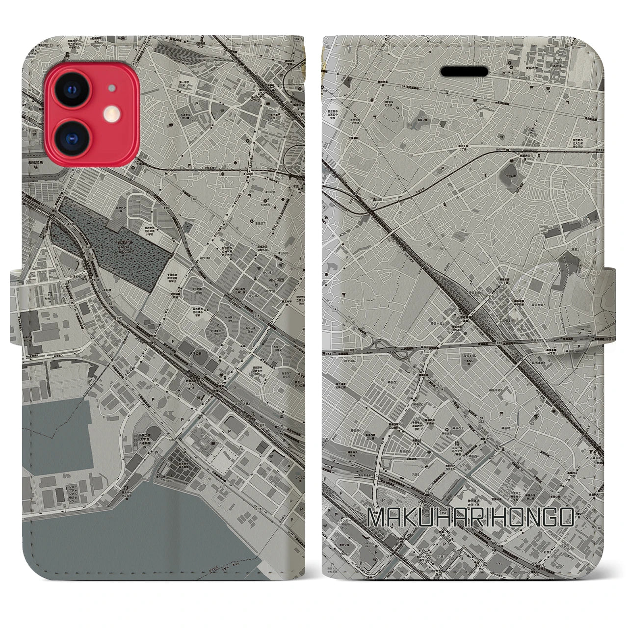 【幕張本郷(千葉県)】地図柄iPhoneケース(手帳タイプ)モノトーン・iPhone 11 用