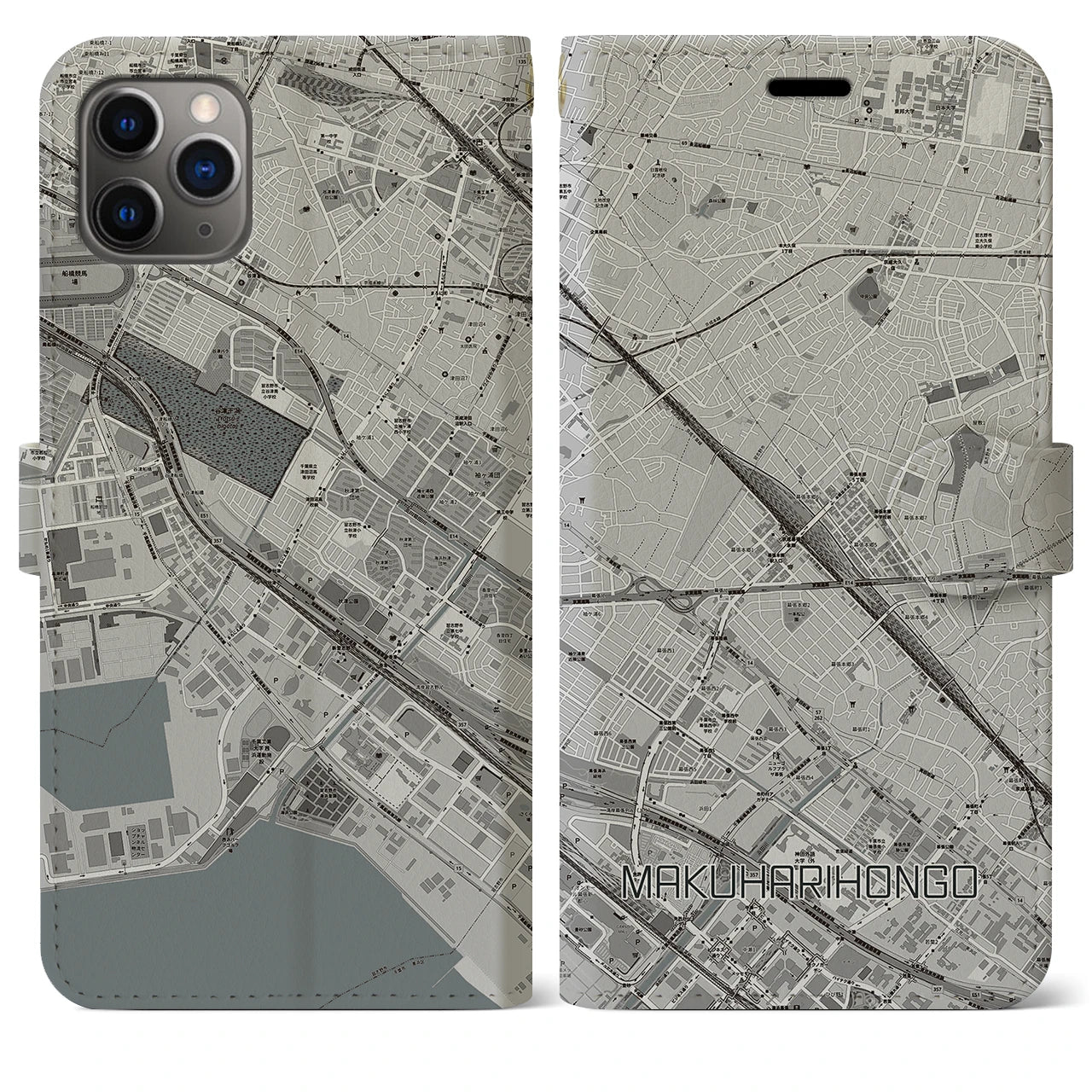 【幕張本郷(千葉県)】地図柄iPhoneケース(手帳タイプ)モノトーン・iPhone 11 Pro Max 用