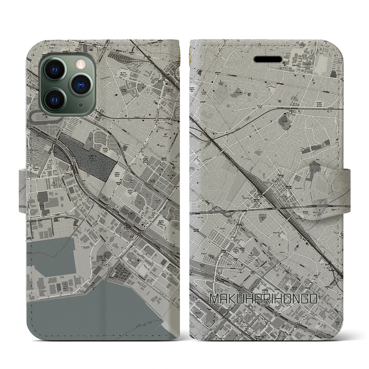 【幕張本郷(千葉県)】地図柄iPhoneケース(手帳タイプ)モノトーン・iPhone 11 Pro 用