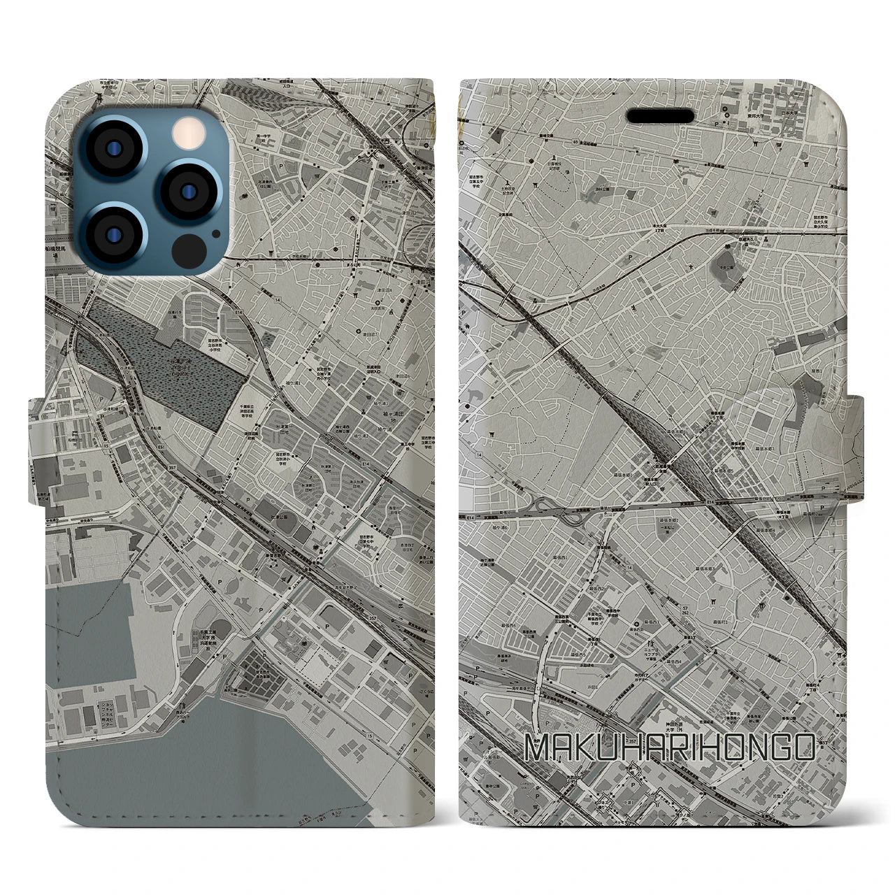 【幕張本郷(千葉県)】地図柄iPhoneケース(手帳タイプ)モノトーン・iPhone 12 / 12 Pro 用