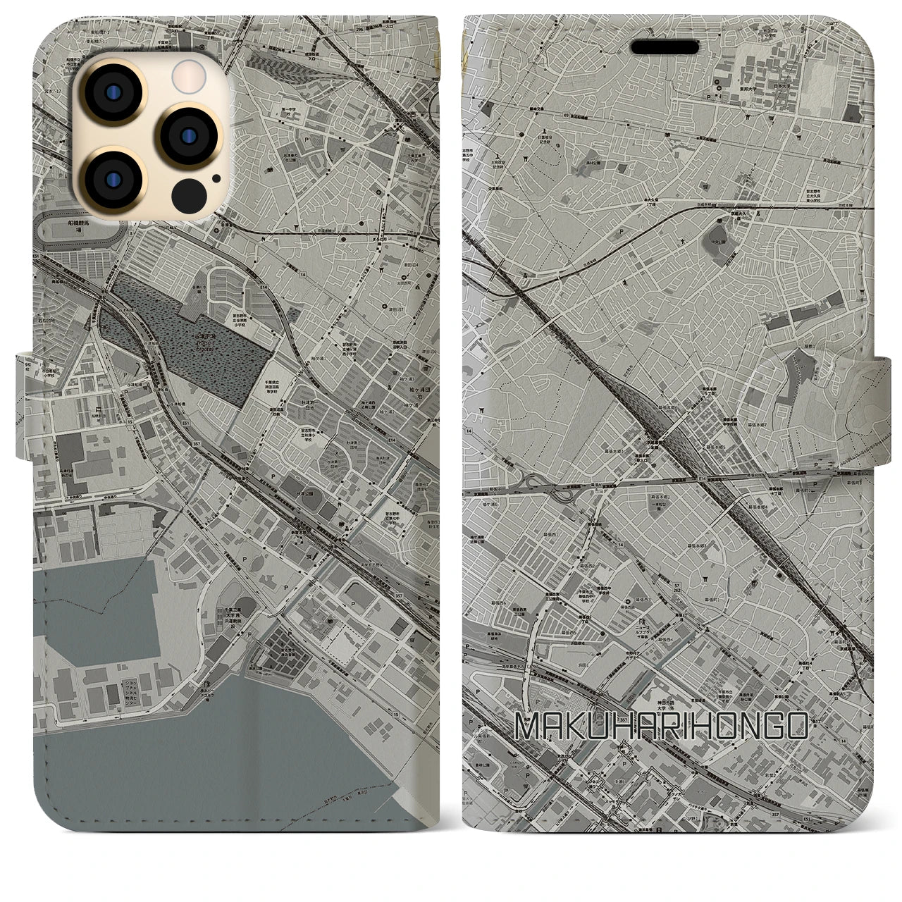 【幕張本郷(千葉県)】地図柄iPhoneケース(手帳タイプ)モノトーン・iPhone 12 Pro Max 用