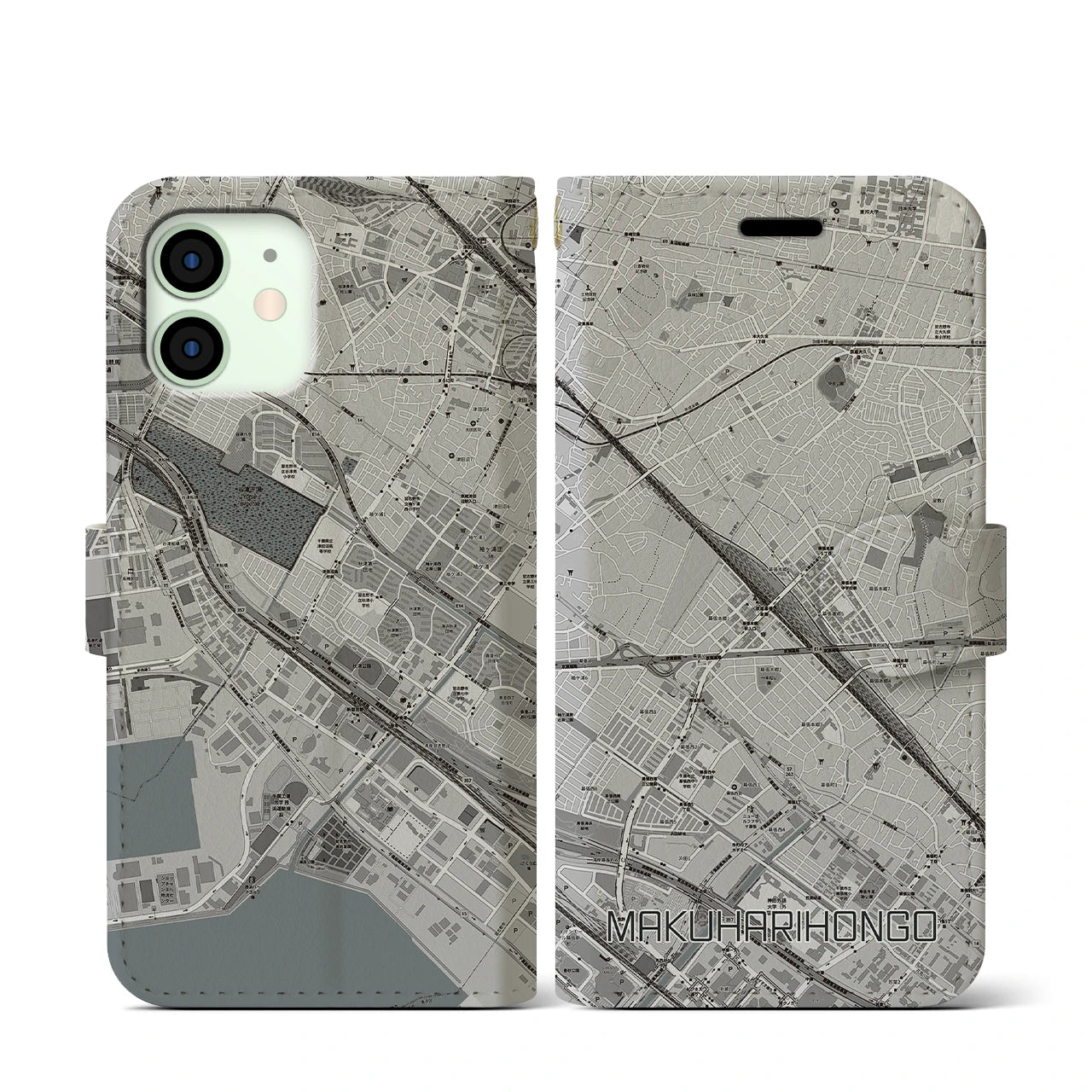 【幕張本郷(千葉県)】地図柄iPhoneケース(手帳タイプ)モノトーン・iPhone 12 mini 用