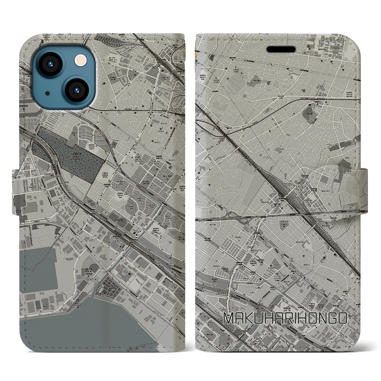 【幕張本郷(千葉県)】地図柄iPhoneケース(手帳タイプ)モノトーン・iPhone 13 用