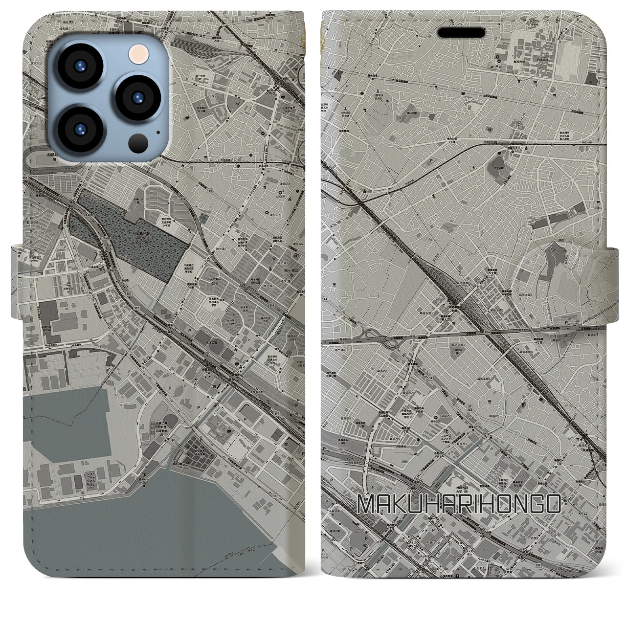 【幕張本郷(千葉県)】地図柄iPhoneケース(手帳タイプ)モノトーン・iPhone 13 Pro Max 用