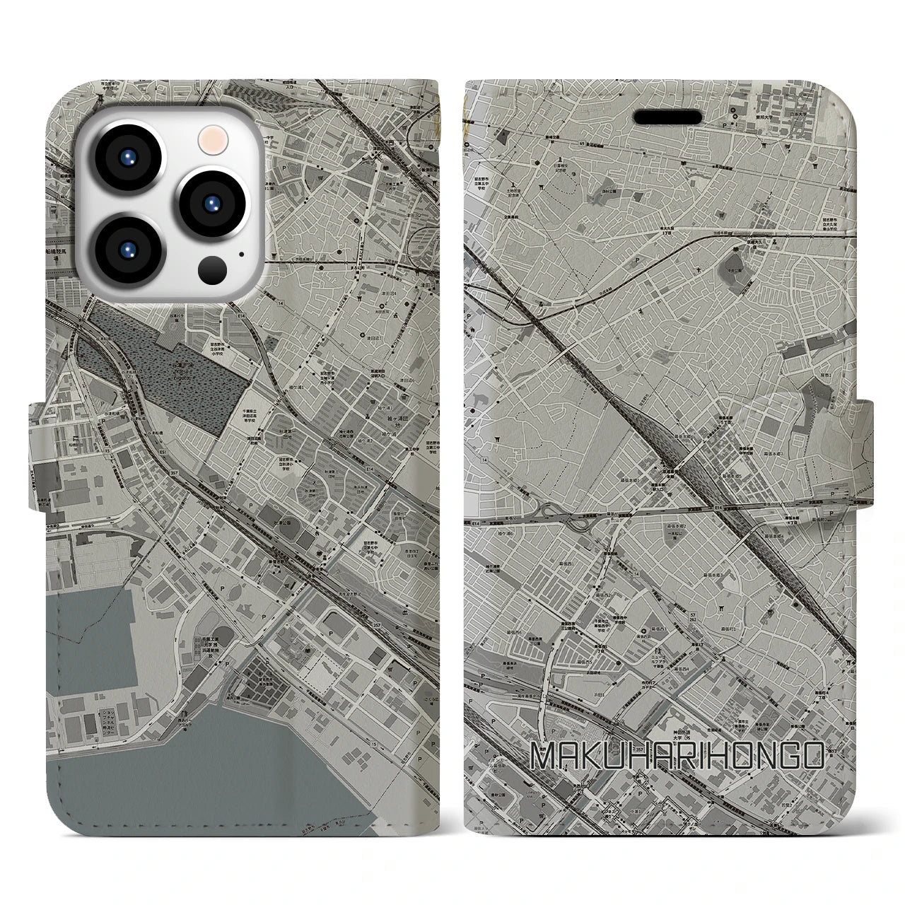 【幕張本郷(千葉県)】地図柄iPhoneケース(手帳タイプ)モノトーン・iPhone 13 Pro 用