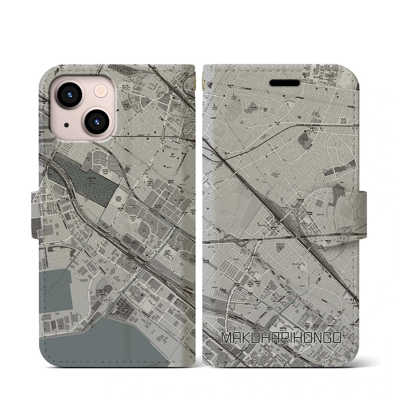 【幕張本郷(千葉県)】地図柄iPhoneケース(手帳タイプ)モノトーン・iPhone 13 mini 用