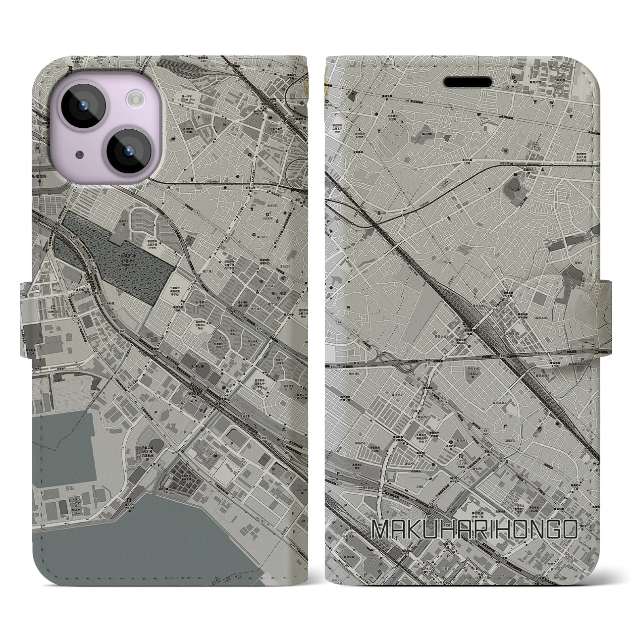 【幕張本郷(千葉県)】地図柄iPhoneケース(手帳タイプ)モノトーン・iPhone 14 用
