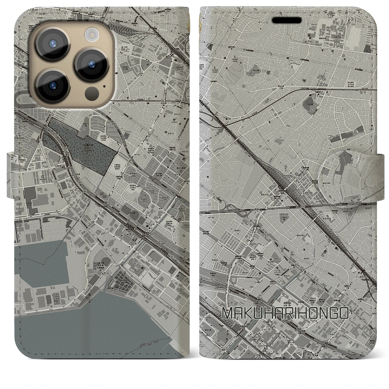 【幕張本郷(千葉県)】地図柄iPhoneケース(手帳タイプ)モノトーン・iPhone 14 Pro Max 用