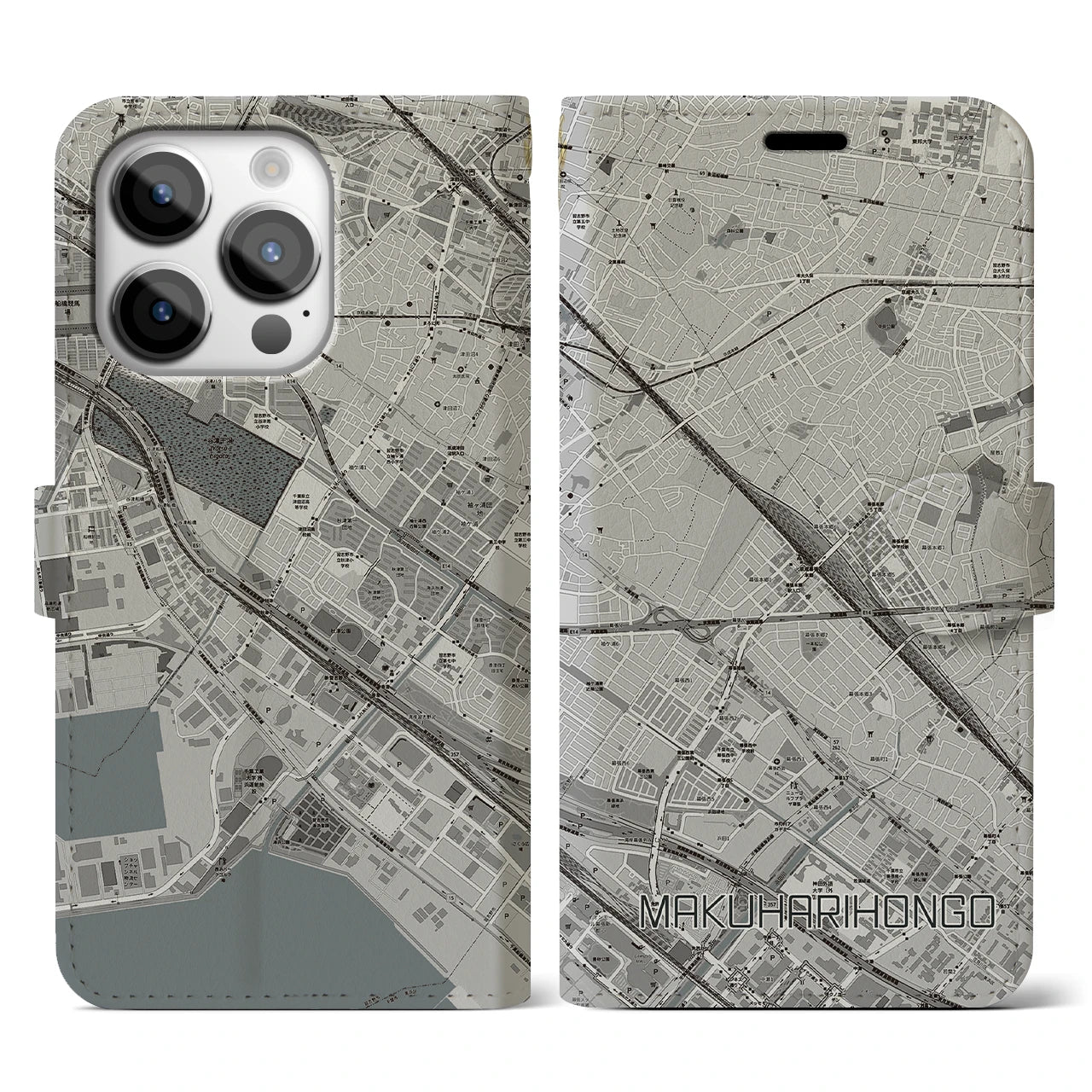 【幕張本郷(千葉県)】地図柄iPhoneケース(手帳タイプ)モノトーン・iPhone 14 Pro 用