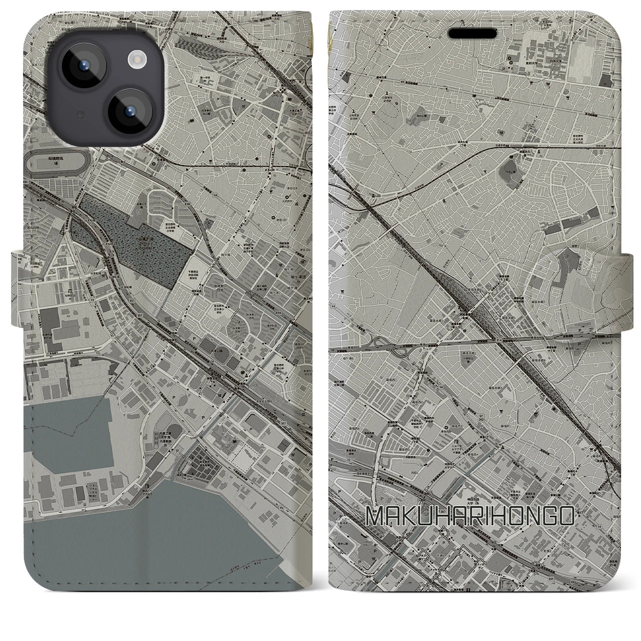 【幕張本郷(千葉県)】地図柄iPhoneケース(手帳タイプ)モノトーン・iPhone 14 Plus 用