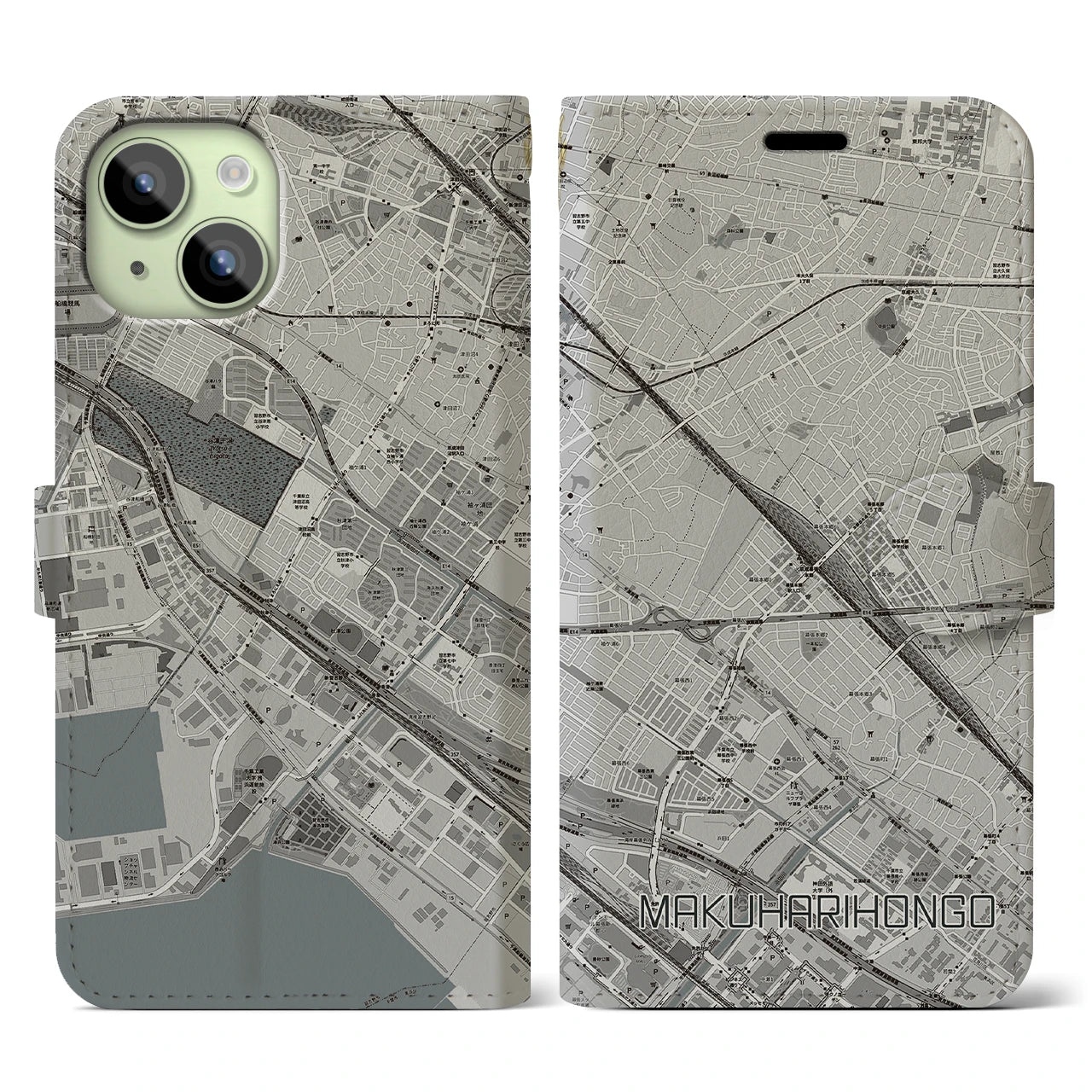 【幕張本郷(千葉県)】地図柄iPhoneケース(手帳タイプ)モノトーン・iPhone 15 用