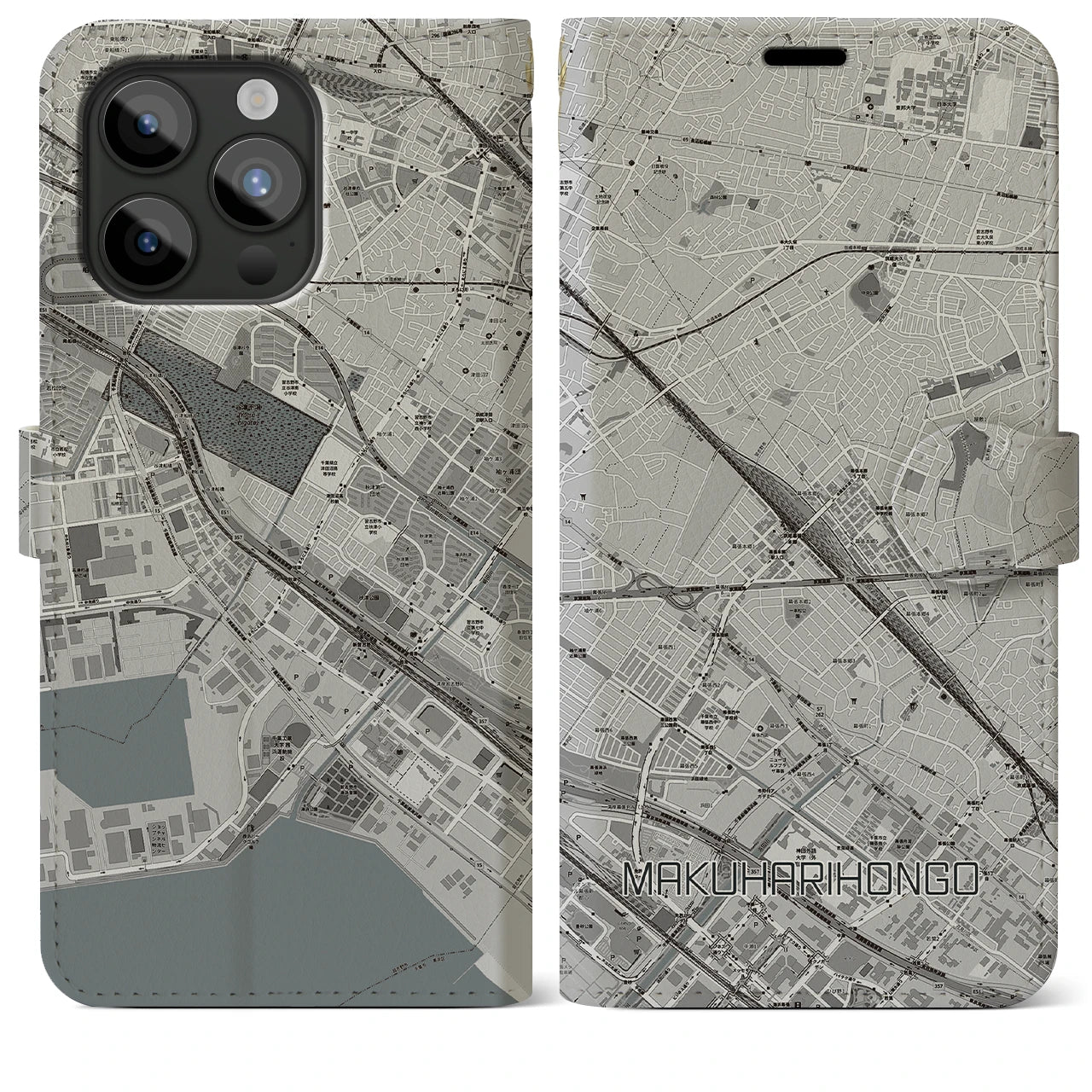 【幕張本郷(千葉県)】地図柄iPhoneケース(手帳タイプ)モノトーン・iPhone 15 Pro Max 用